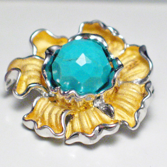Gold Flower Brooch Pendant w/ Turquoise Sterling - Picture 2 of 4